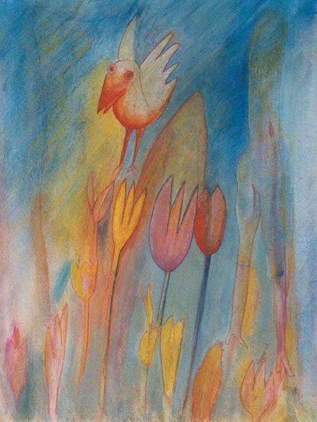 Zwischenlandung im Blumengarten - 45 x 60 - Aquarell, Buntstifte, Kreide - 2003 (verkauft)
